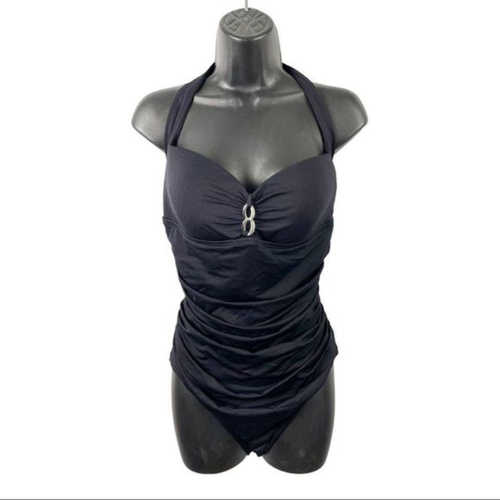 BAKU Australia Black Halter Ruched Tummy Chain Detail One Piece Swimsuit Size